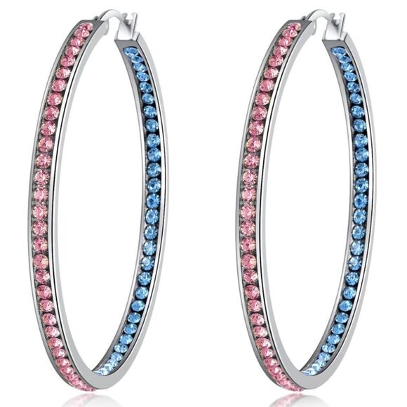 14K White Gold with Pink Sapphire and Blue Sapphire Cubic Zirconia Hoop Earrings - Picture 1 of 6